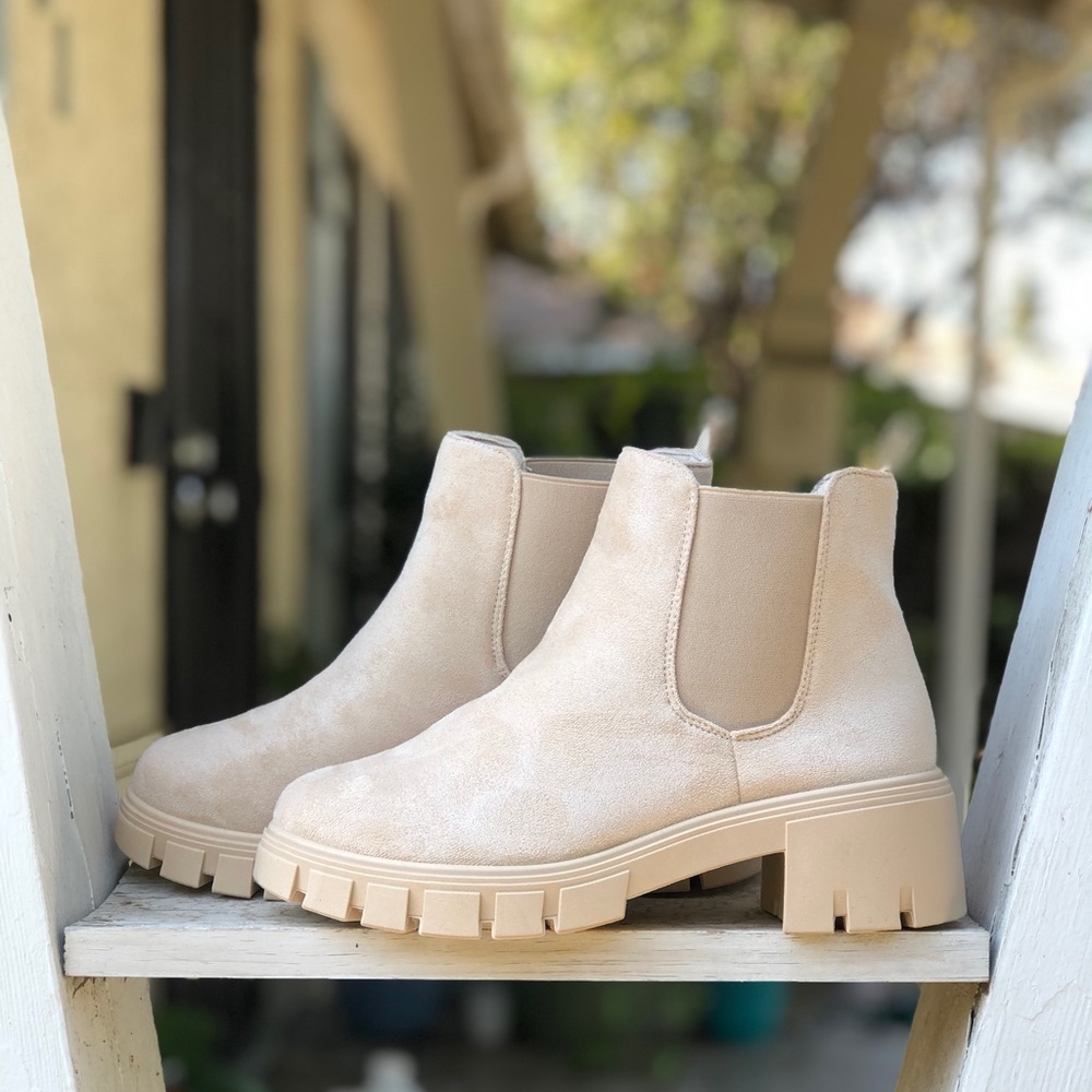 Beige Vegan Suede Chunky Lug Boots - Picture 5 of 8